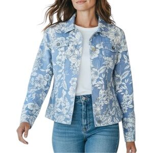 C&C California NWT 100% Linen Floral Jacket Blue White Coat Pockets Women Large